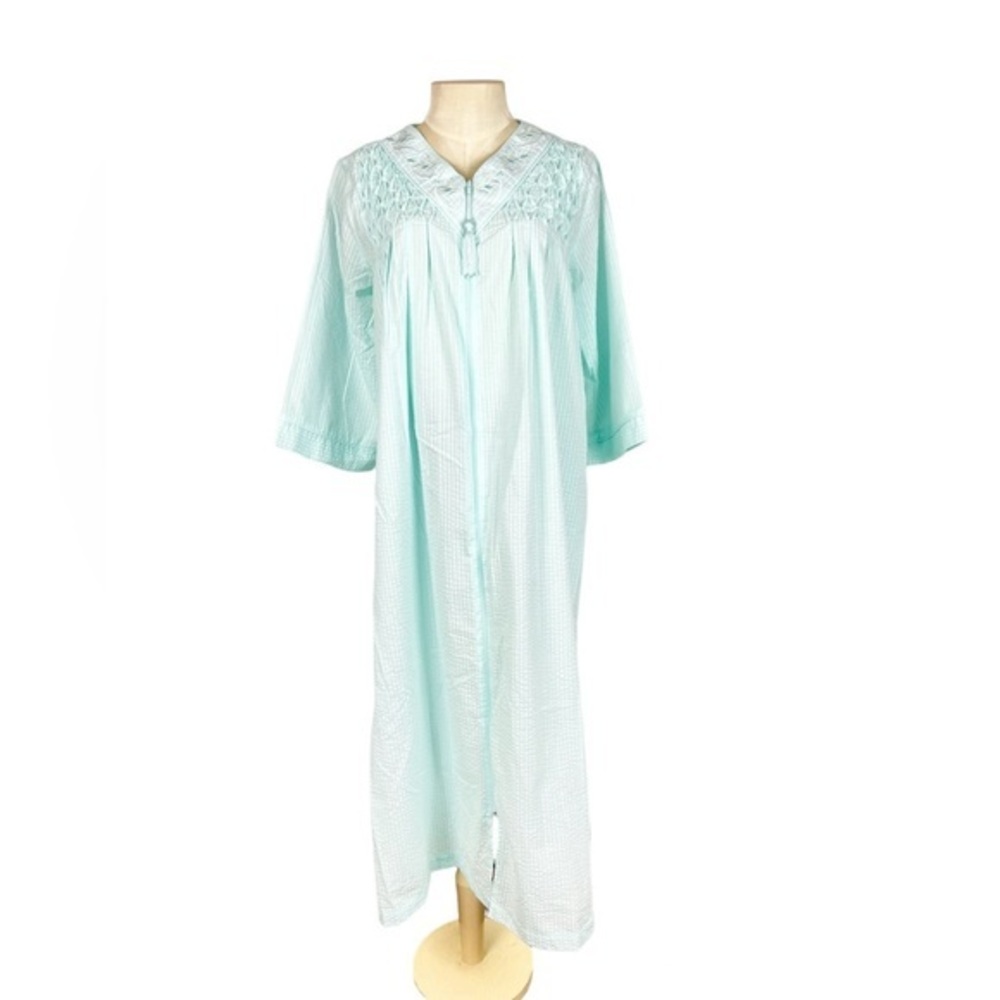 Miss Elaine‎ petite Small Seersucker Robe Front Zipper 3/4 Sleeves Pockets